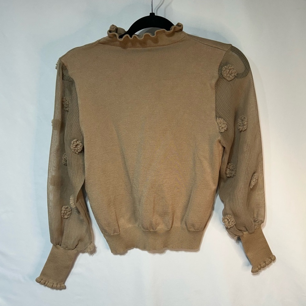 Woman’s camel colour mock neck, sheer sleeved lightweight sweater. Size small.